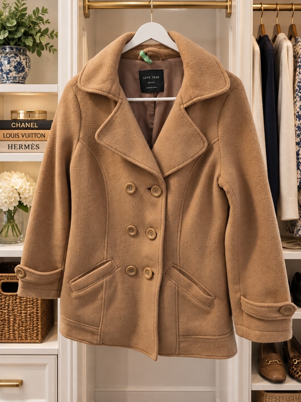 Love Tree Tan Double-Breasted Wool-Blend Peacoat Size M